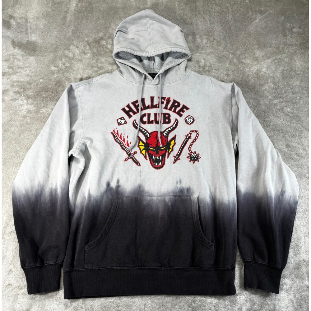 Netflix Stranger Things Hellfire Club Hoodie Mens Medium Grey Black Dip-Dye Good